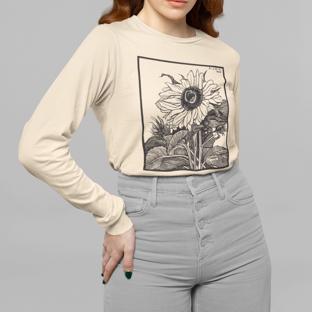 Sunflower Black Woodcut Vintage Print Long Sleeve Graphic Tee T-shirt S M L XL